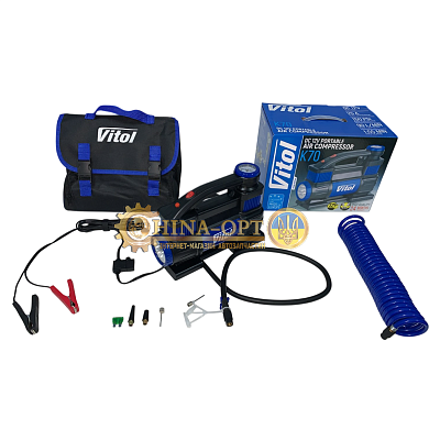 Компрессор K-70 с фонарем 10 Атм, 90 л/мин 12В,25А клеммы,шланг 5.0 м VITOL K-70
